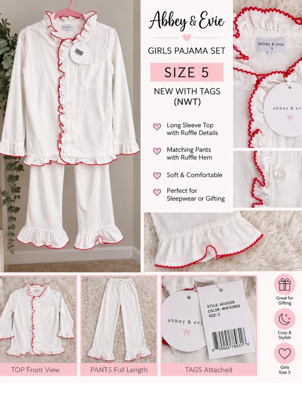 Girls White Pajama Set with Red Ruffle Trim